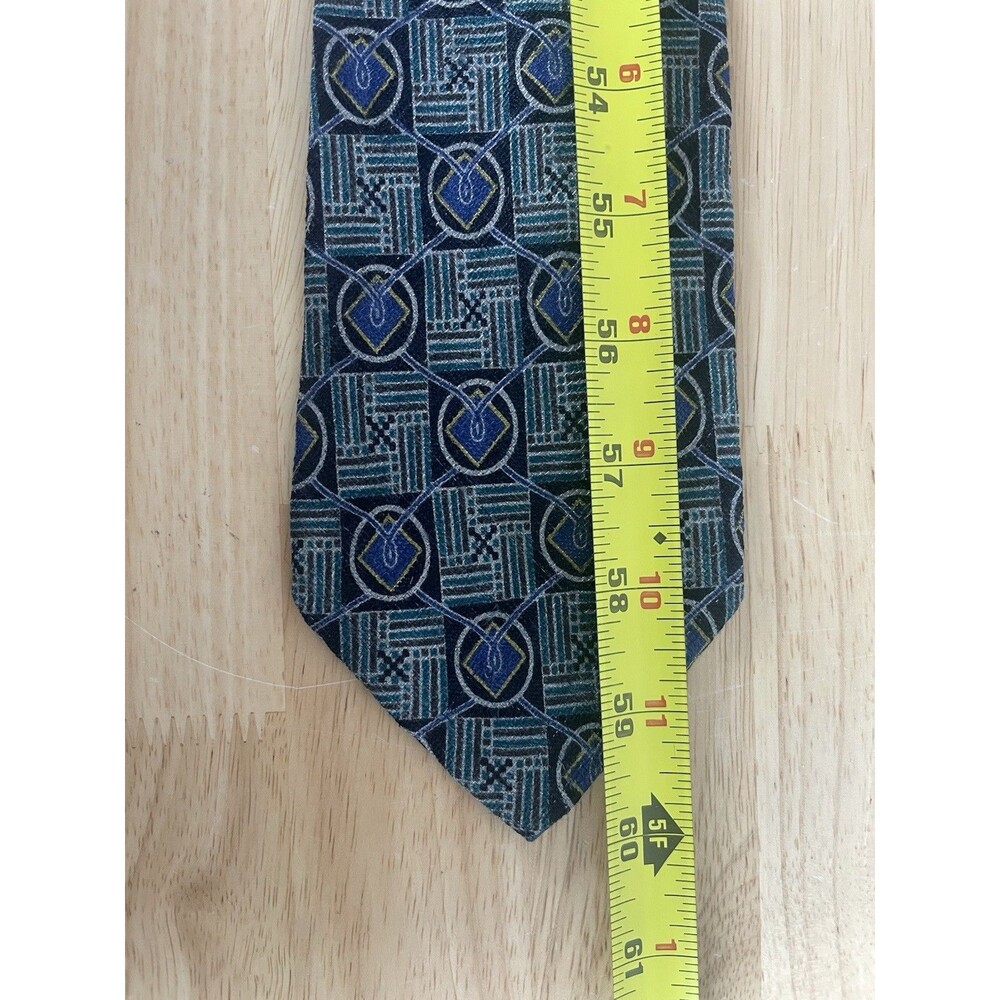 ERMENEGILDO ZEGNA Silk Necktie ITALY Luxury Geometric Blue Black White Teal - Picture 5 of 5